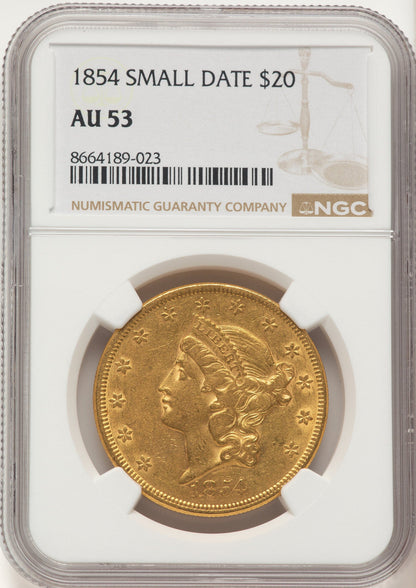 1854 $20 Small Date Liberty Double Eagle NGC AU53