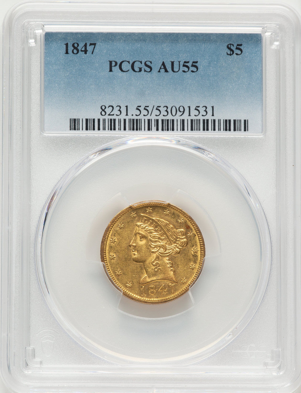1847 $5 Liberty Half Eagle PCGS AU55