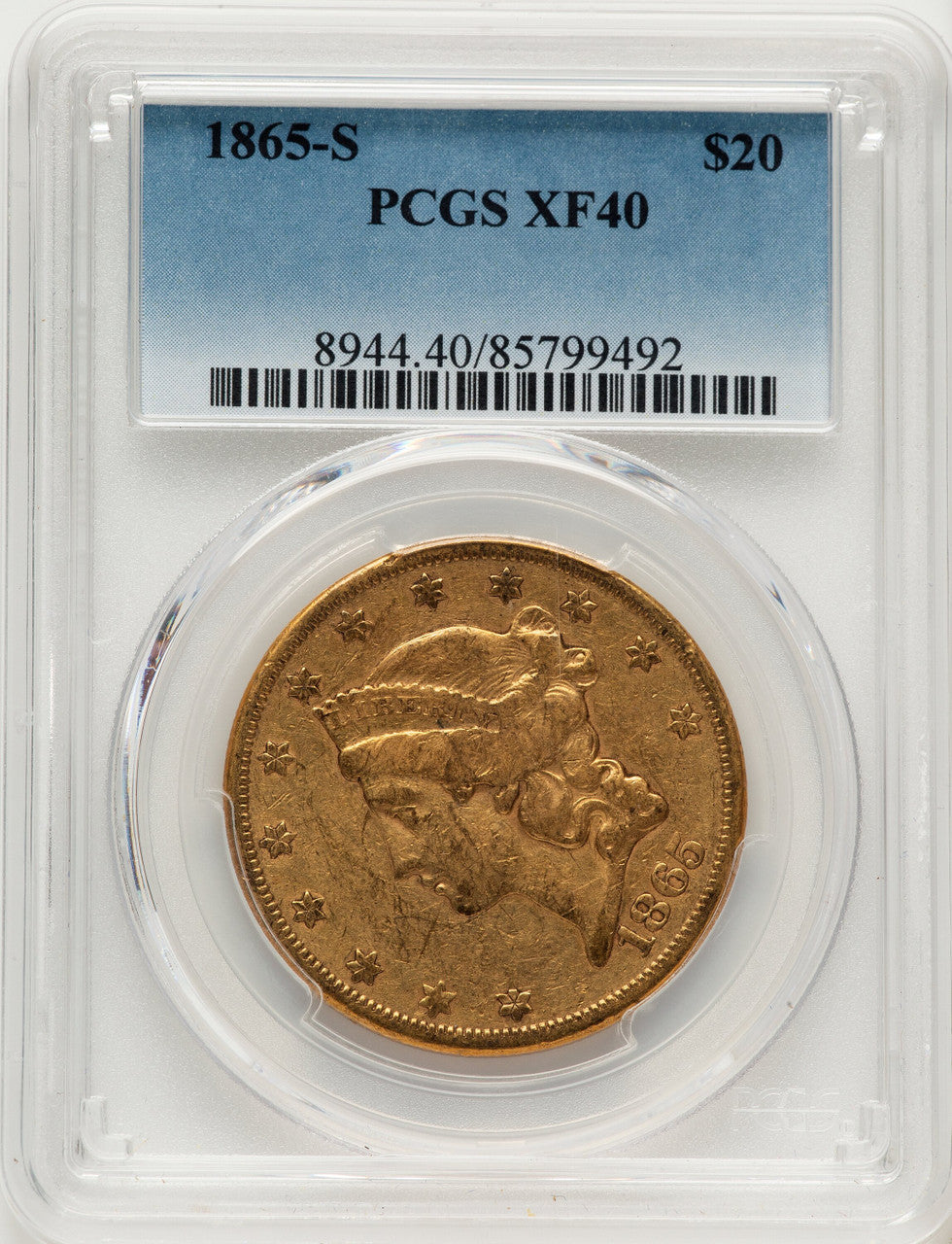 1865-S $20 Liberty Double Eagle PCGS XF40