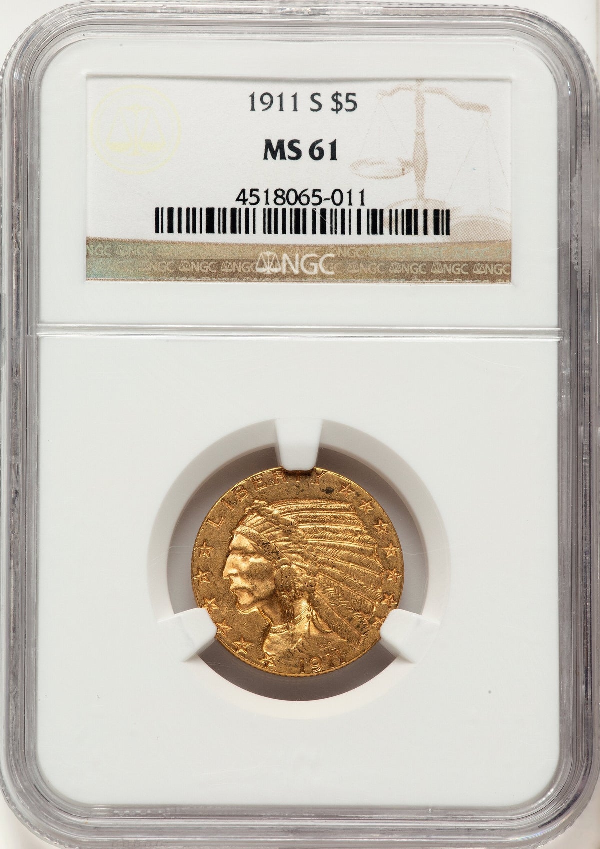 1911-S $5 Indian Half Eagle NGC MS61