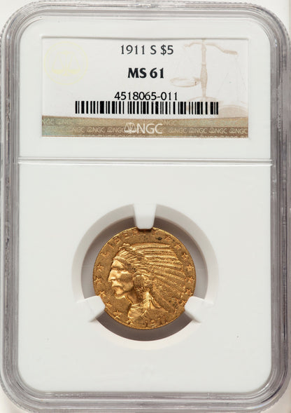 1911-S $5 Indian Half Eagle NGC MS61