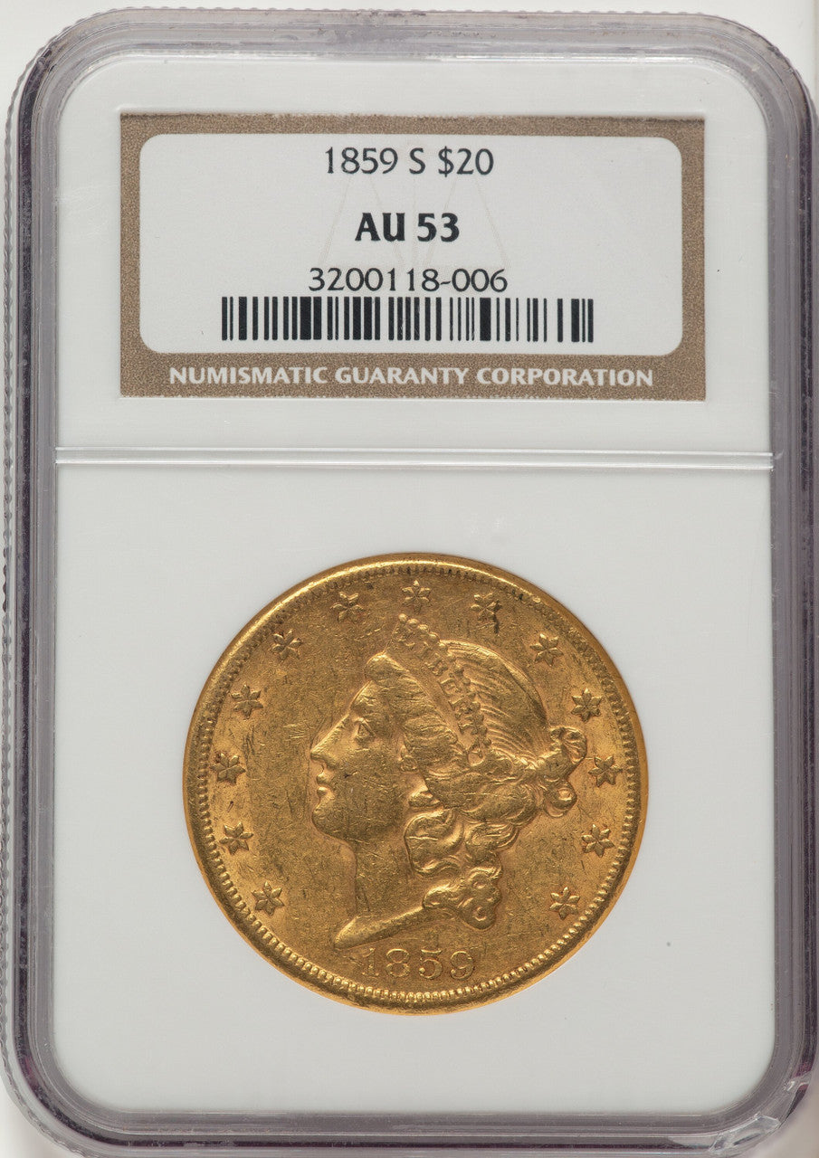 1859-S $20 Liberty Double Eagle NGC AU53