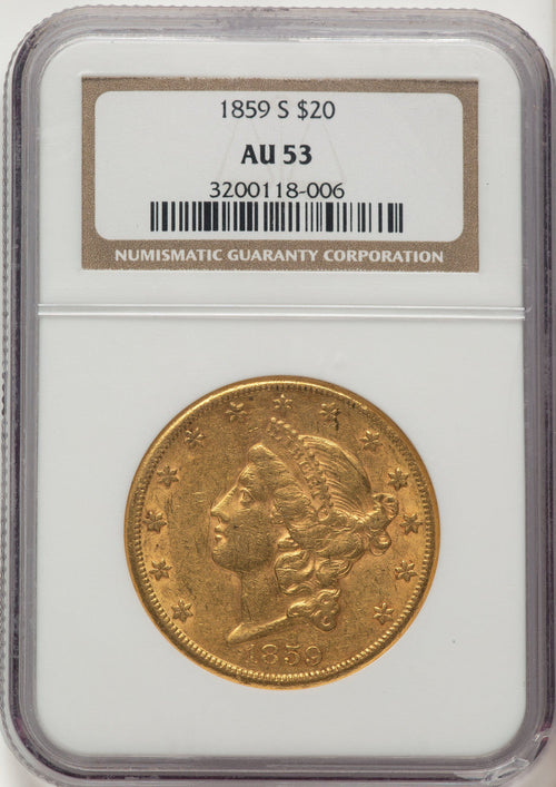 1859-S $20 Liberty Double Eagle NGC AU53