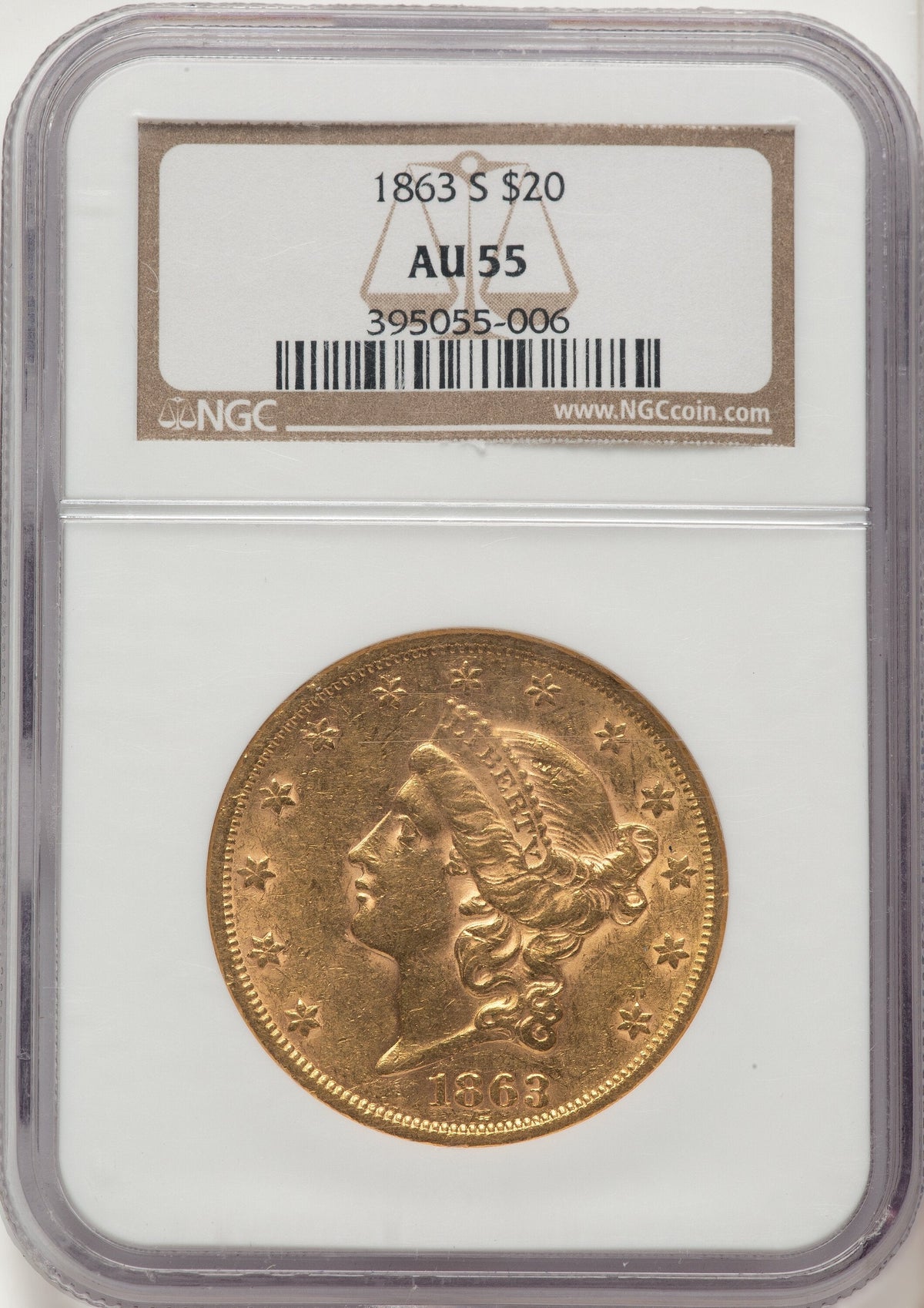 1863-S $20 Liberty Double Eagle NGC AU55