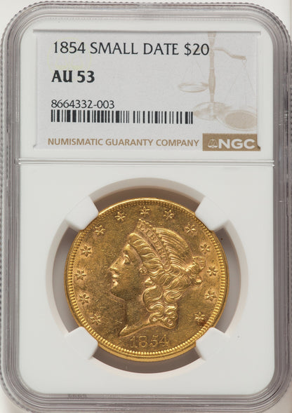 1854 $20 Small Date Liberty Double Eagle NGC AU53