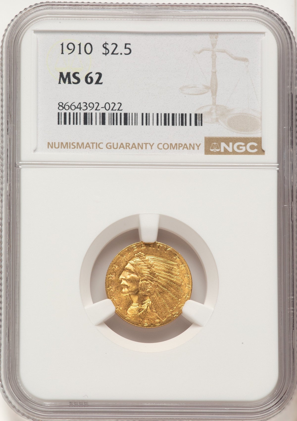 1910 $2.50 Indian Quarter Eagle NGC MS62