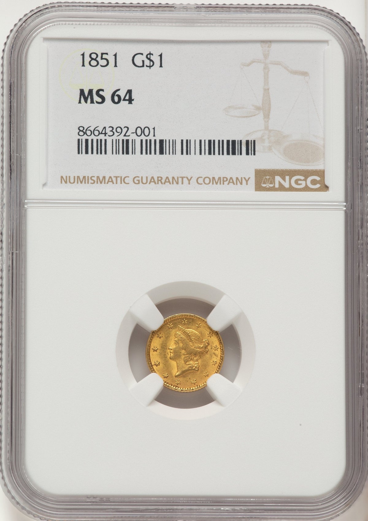1851 G$1 Gold Dollar NGC MS64