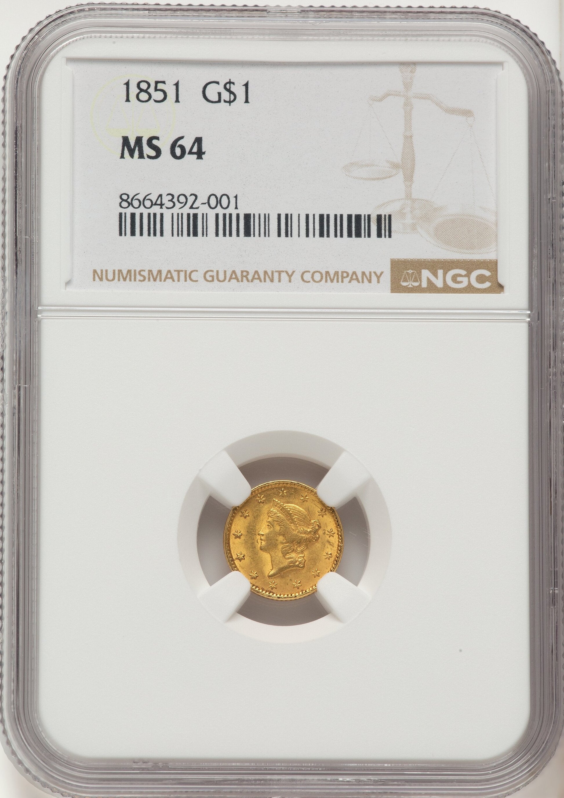 1851 G$1 Gold Dollar NGC MS64