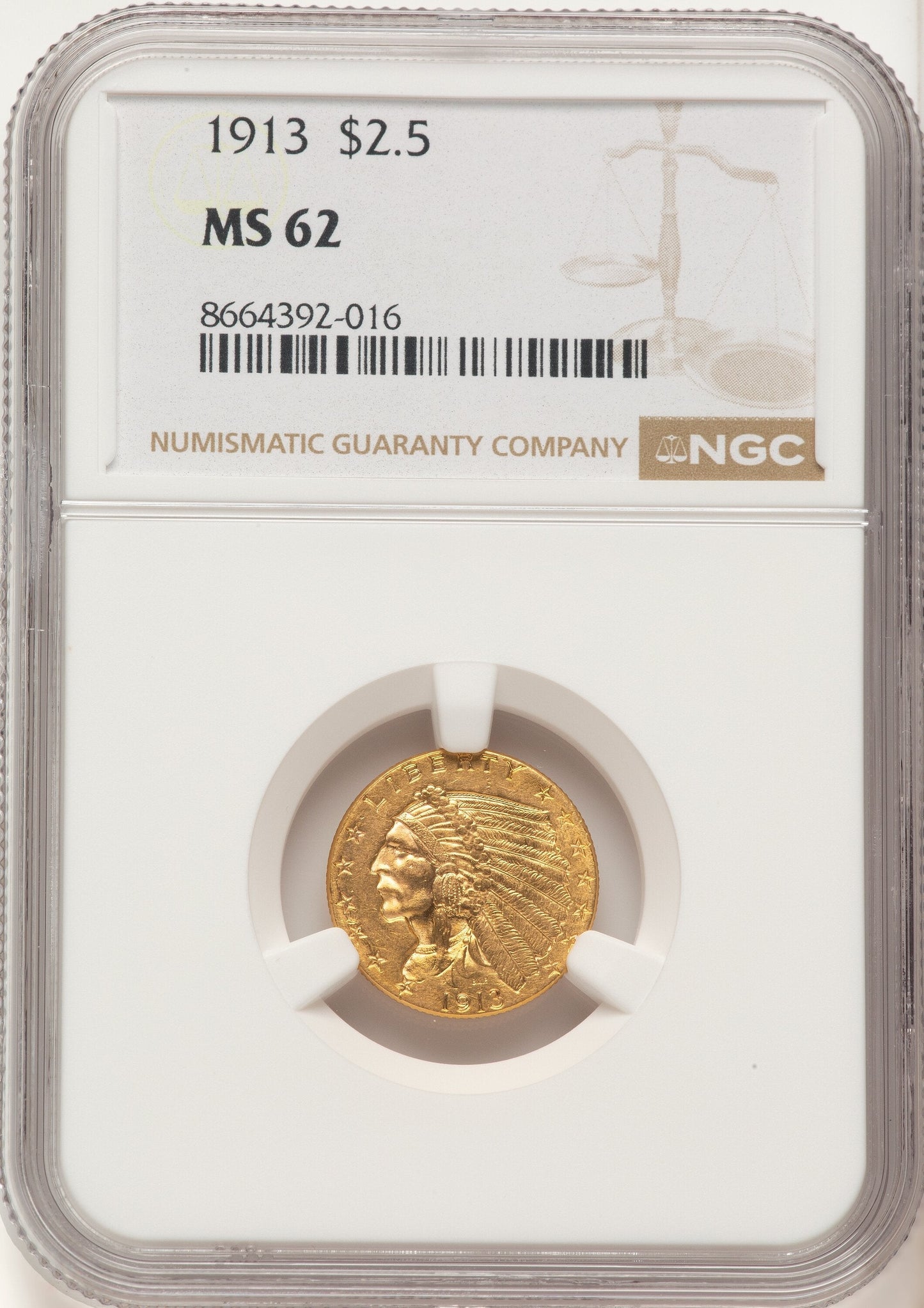 1913 $2.50 Indian Quarter Eagle NGC MS62