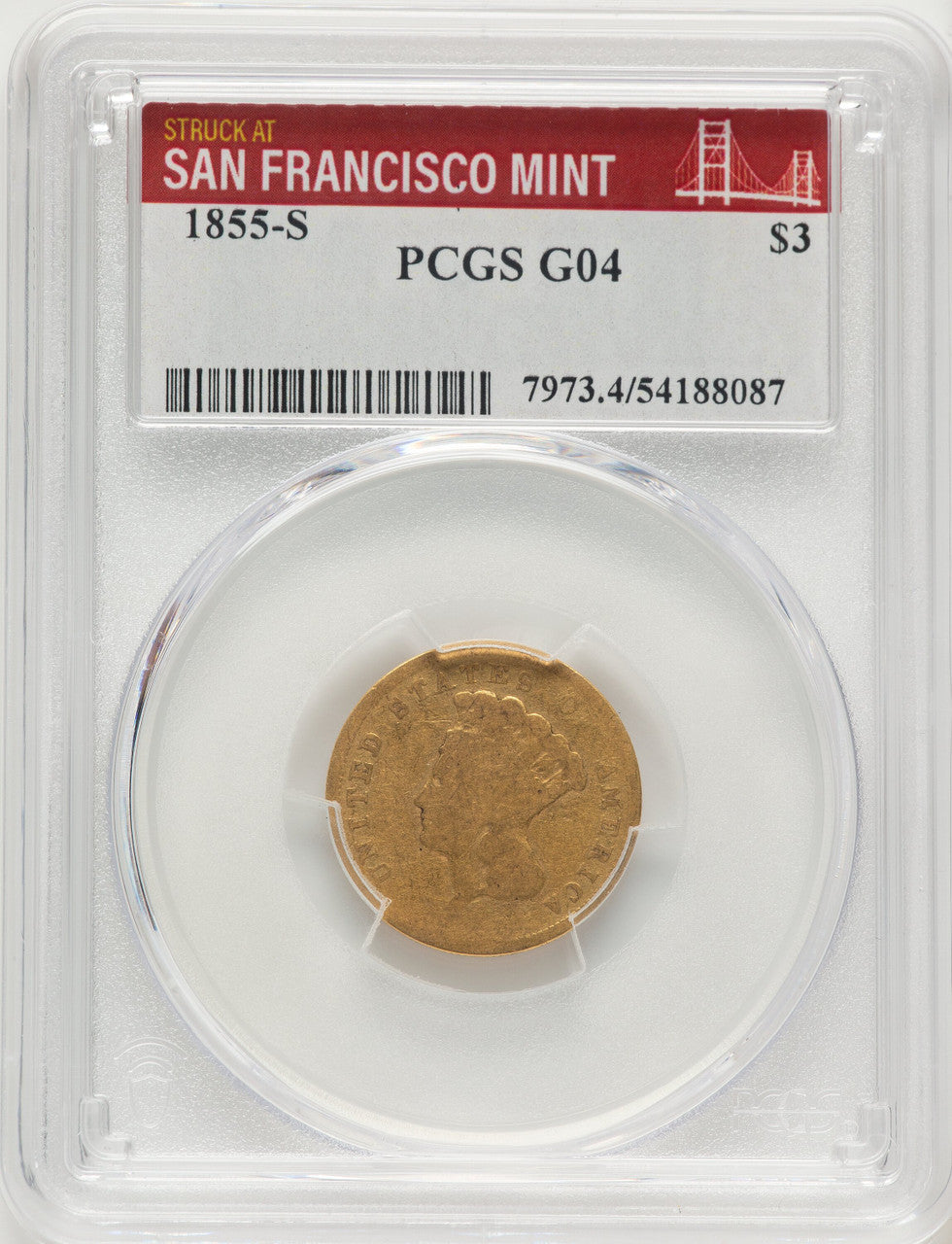 1855-S $3 Three Dollar Gold Pieces PCGS G4