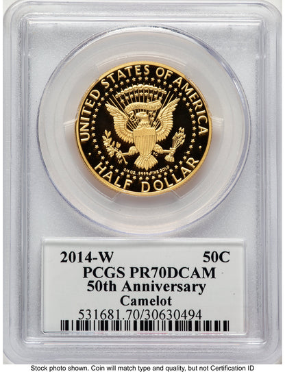 2014-W 50C Gold JFK 50th Anniversary JFK Camelot Label Proof Kennedy Half Dollar PCGS PR70