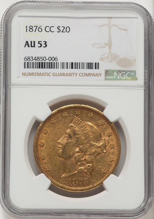 1876-CC $20 Liberty Double Eagle NGC AU53