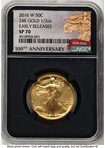 2016-W 50C Walking Liberty 100th Anniversary Gold Centennial ER 100th Anniversary NGC MS70