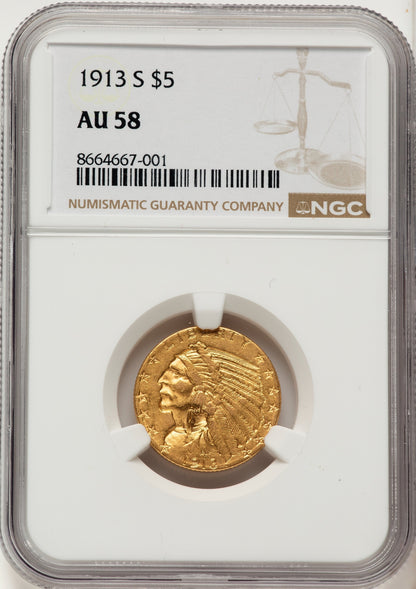 1913-S $5 Indian Half Eagle NGC AU58