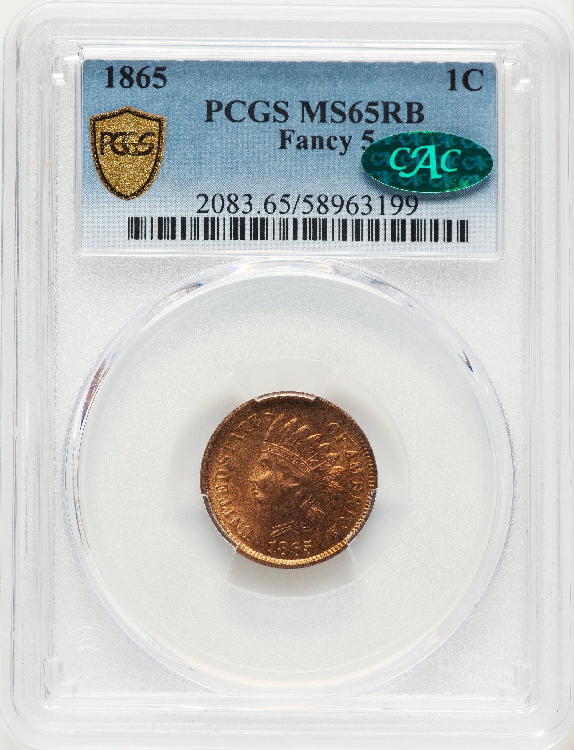 1865 1C RB CAC Indian Cent PCGS MS65