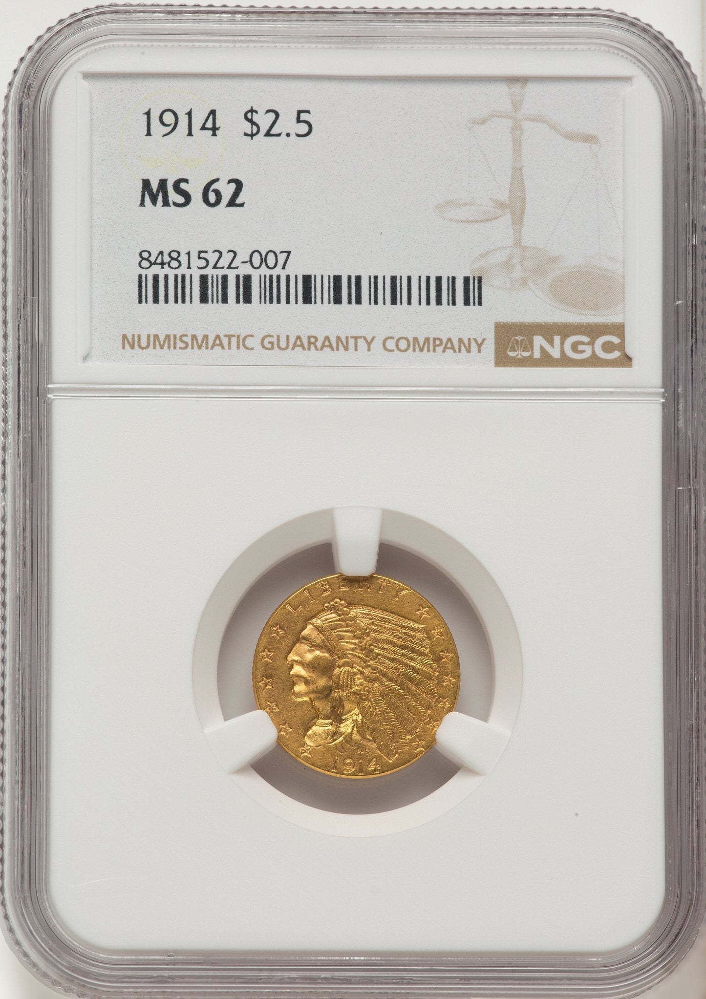 1914 $2.50 Indian Quarter Eagle NGC MS62