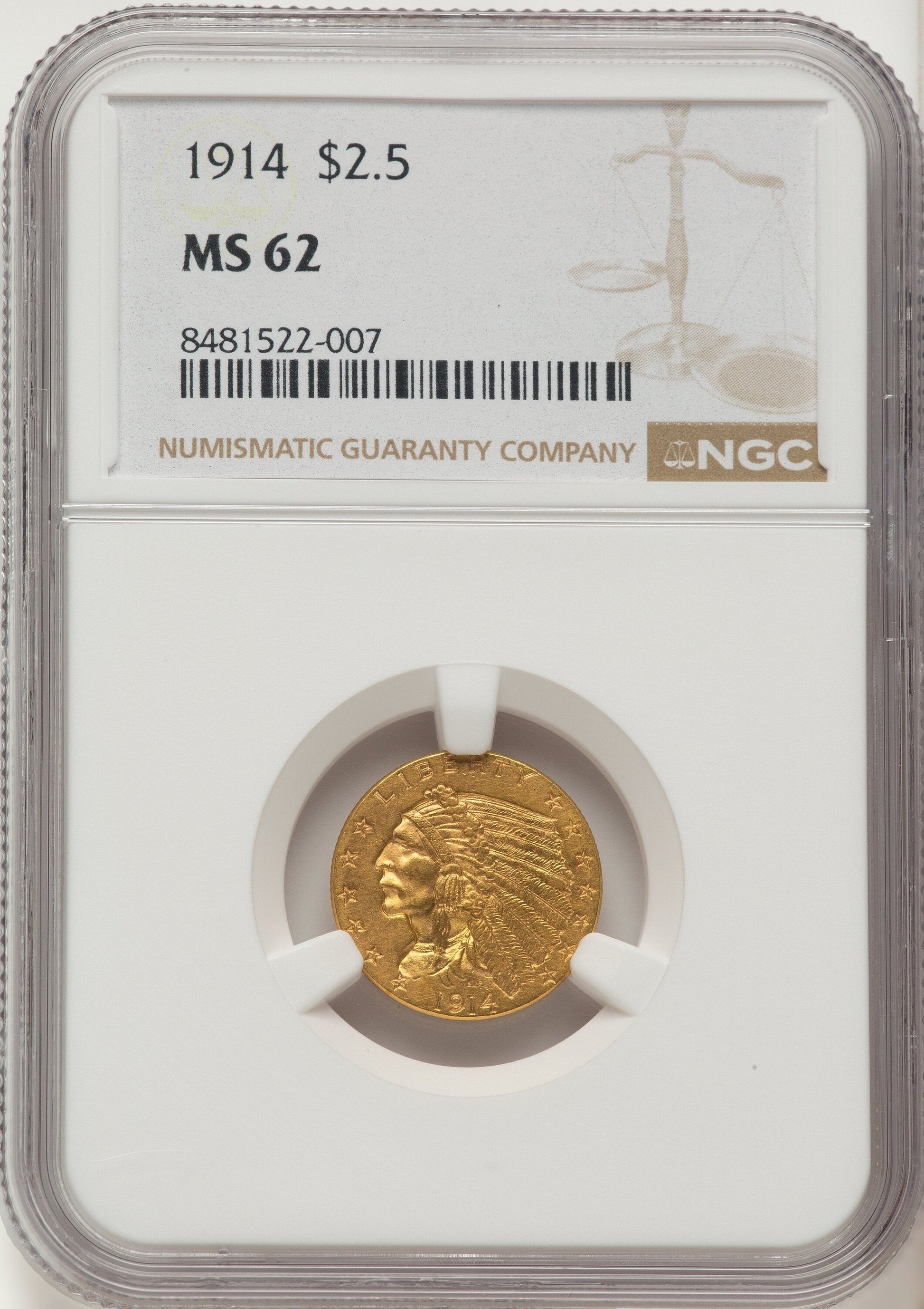 1914 $2.50 Indian Quarter Eagle NGC MS62