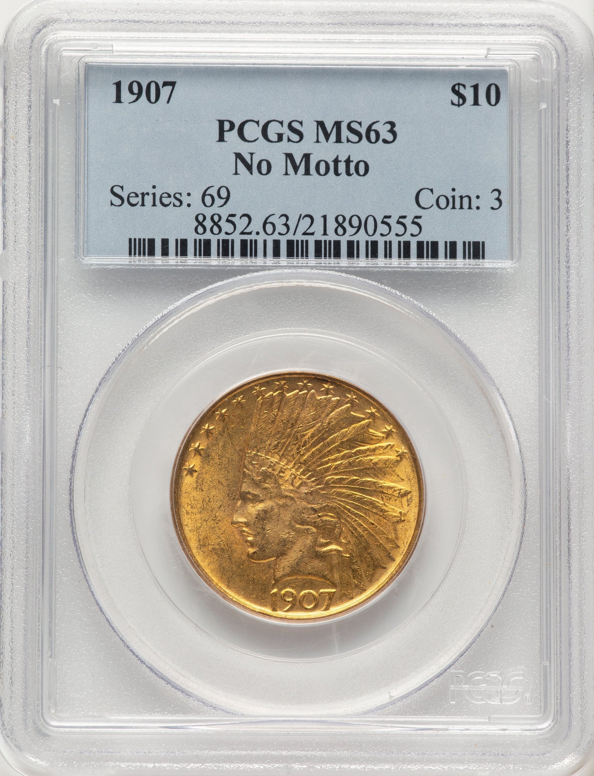 1907 $10 No Motto Indian Eagle PCGS MS63