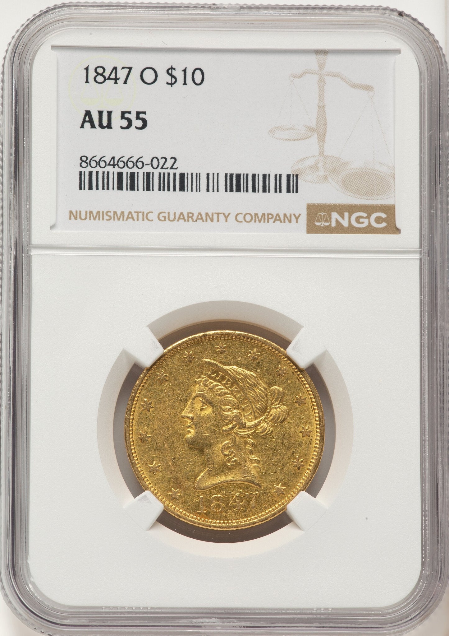 1847-O $10 Liberty Eagle NGC AU55