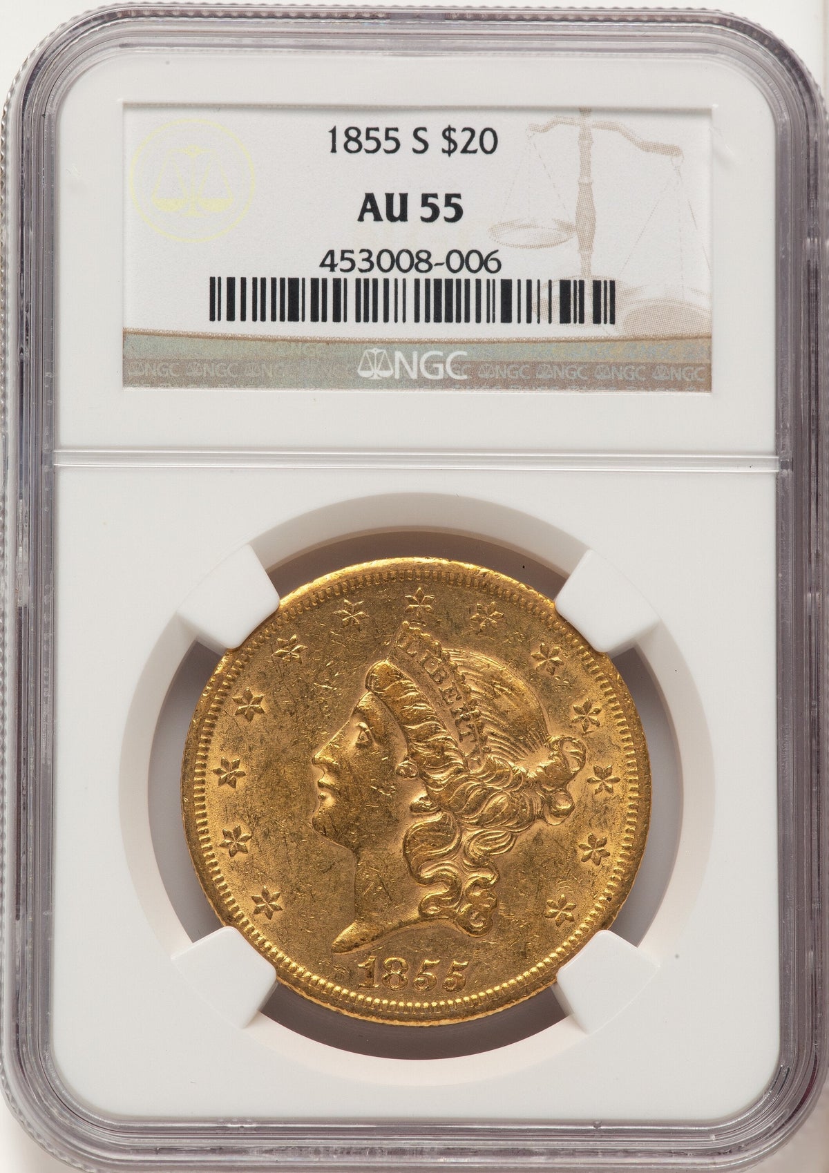 1855-S $20 Liberty Double Eagle NGC AU55