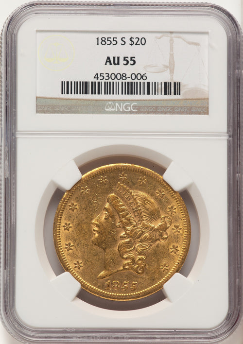 1855-S $20 Liberty Double Eagle NGC AU55
