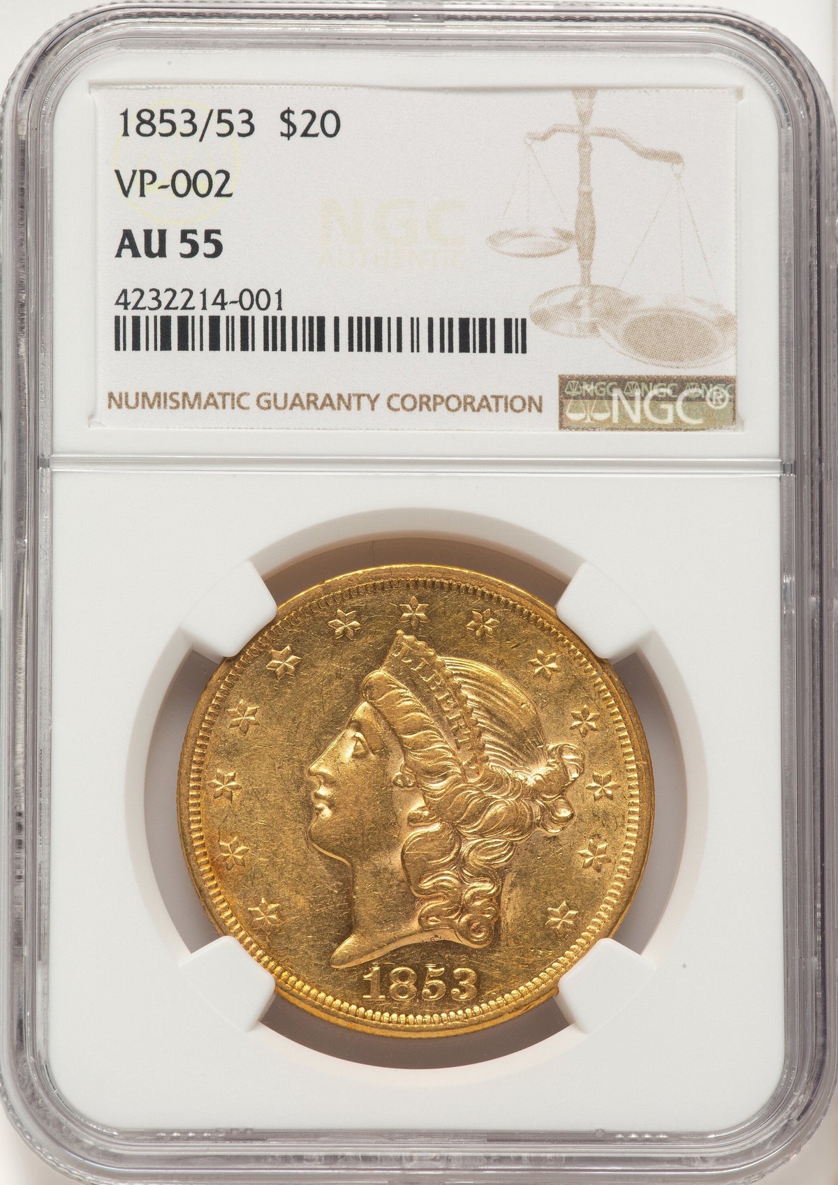 1853 $20 Liberty Double Eagle NGC AU55