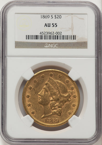 1869-S $20 Liberty Double Eagle NGC AU55