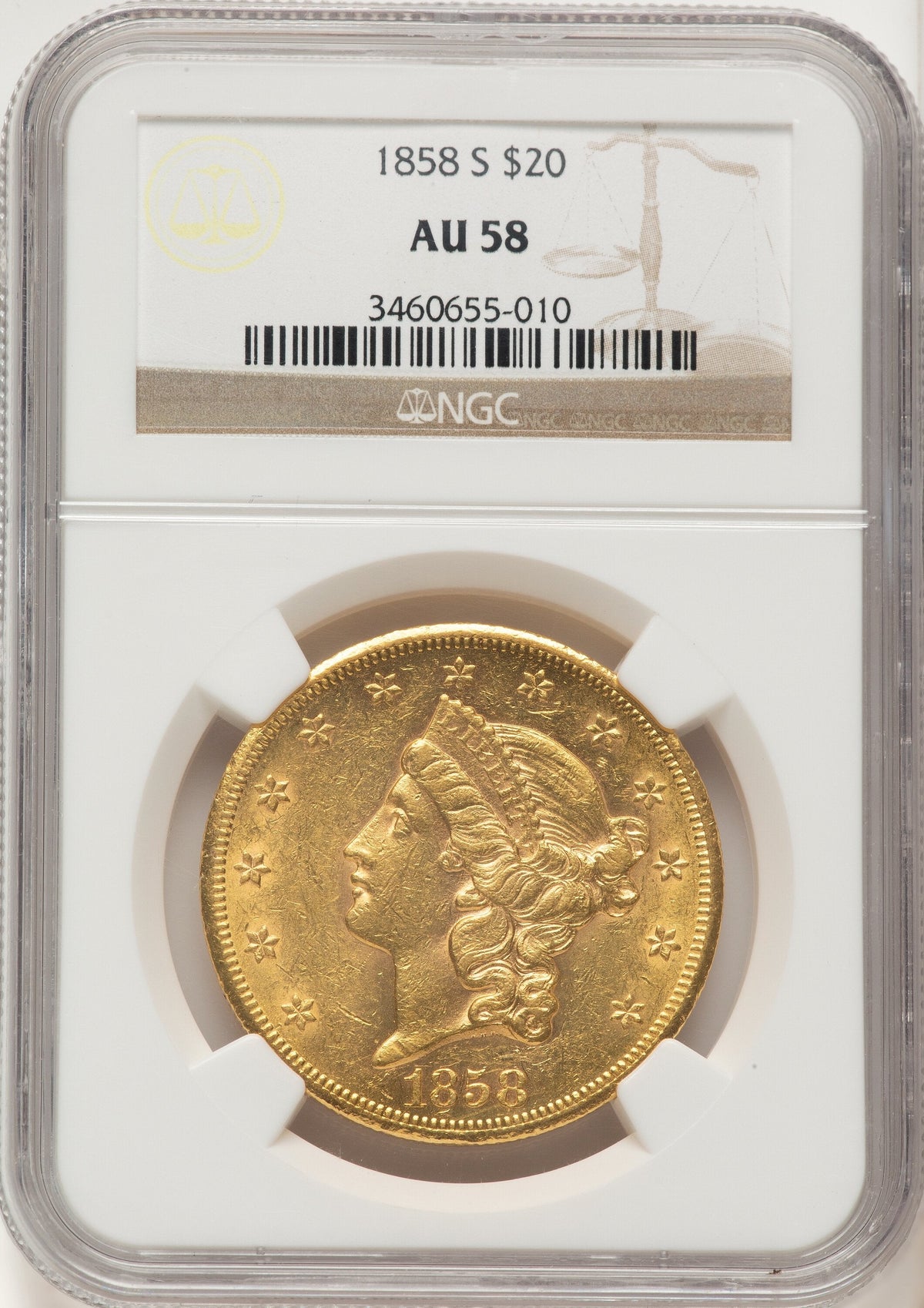 1858-S $20 Liberty Double Eagle NGC AU58