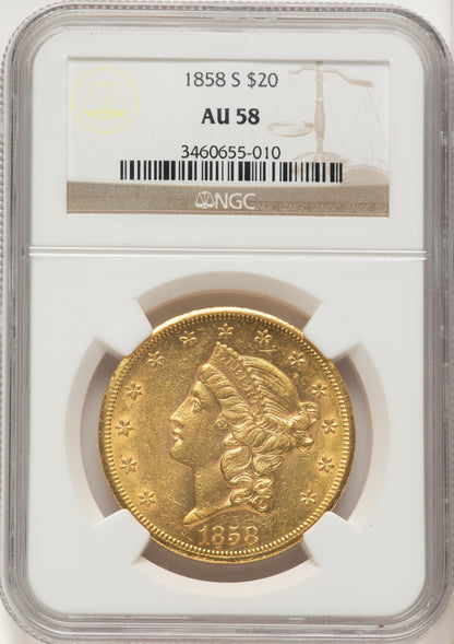 1858-S $20 Liberty Double Eagle NGC AU58