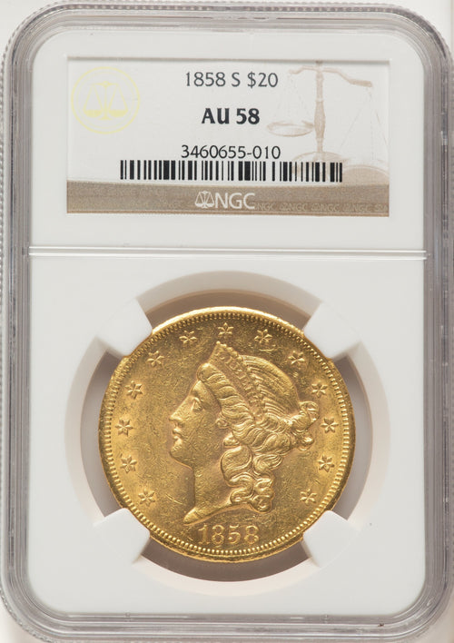 1858-S $20 Liberty Double Eagle NGC AU58