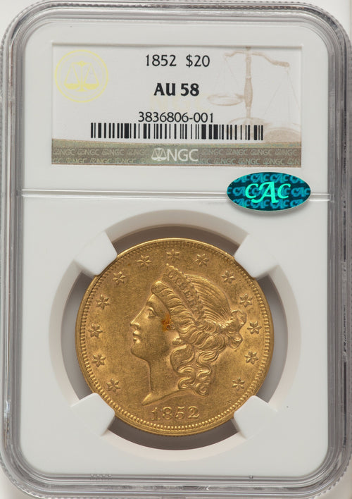 1852 $20 CAC Liberty Double Eagle NGC AU58