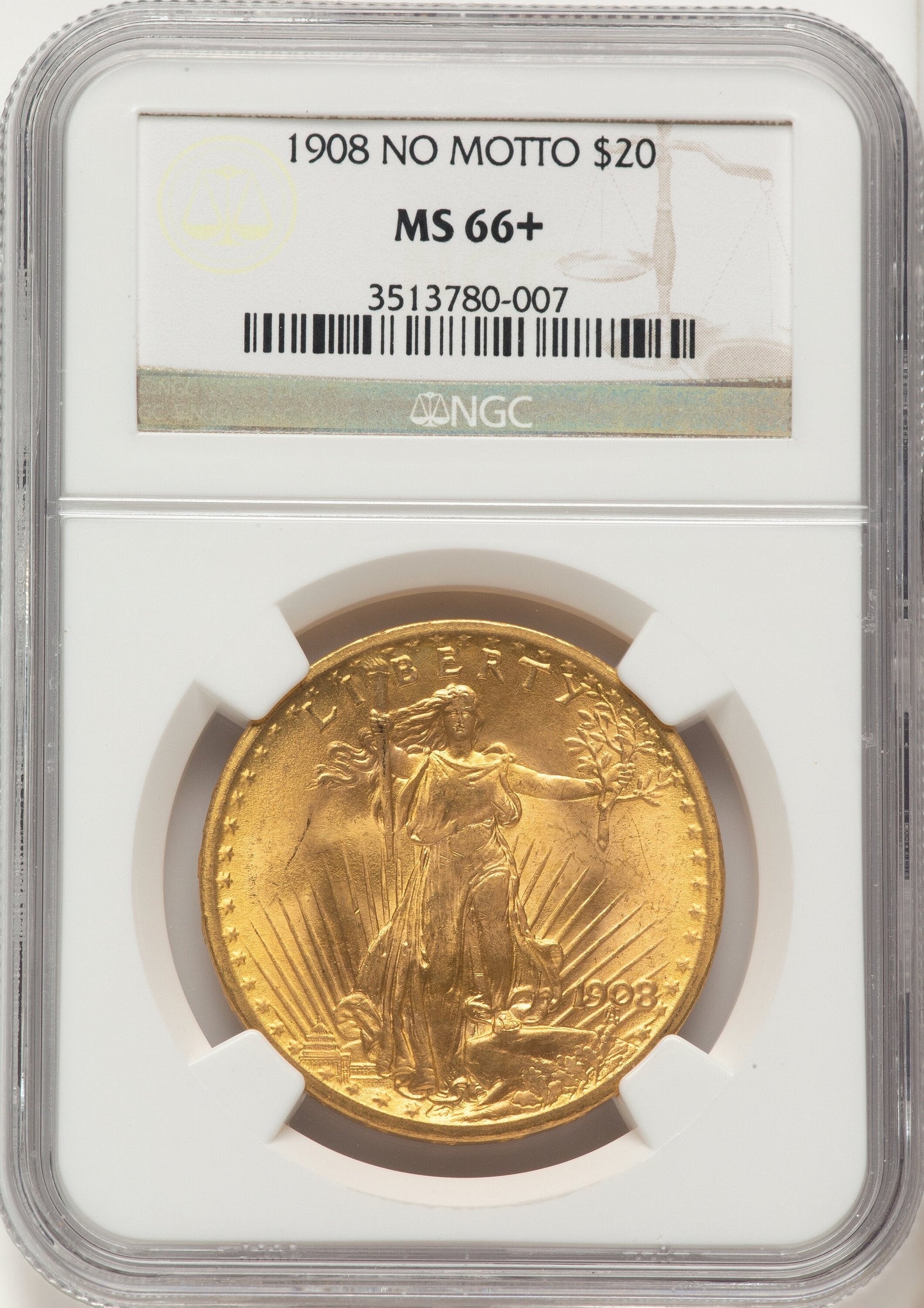 1908 $20 NO MOTTO Saint-Gaudens Double Eagle NGC MS66+