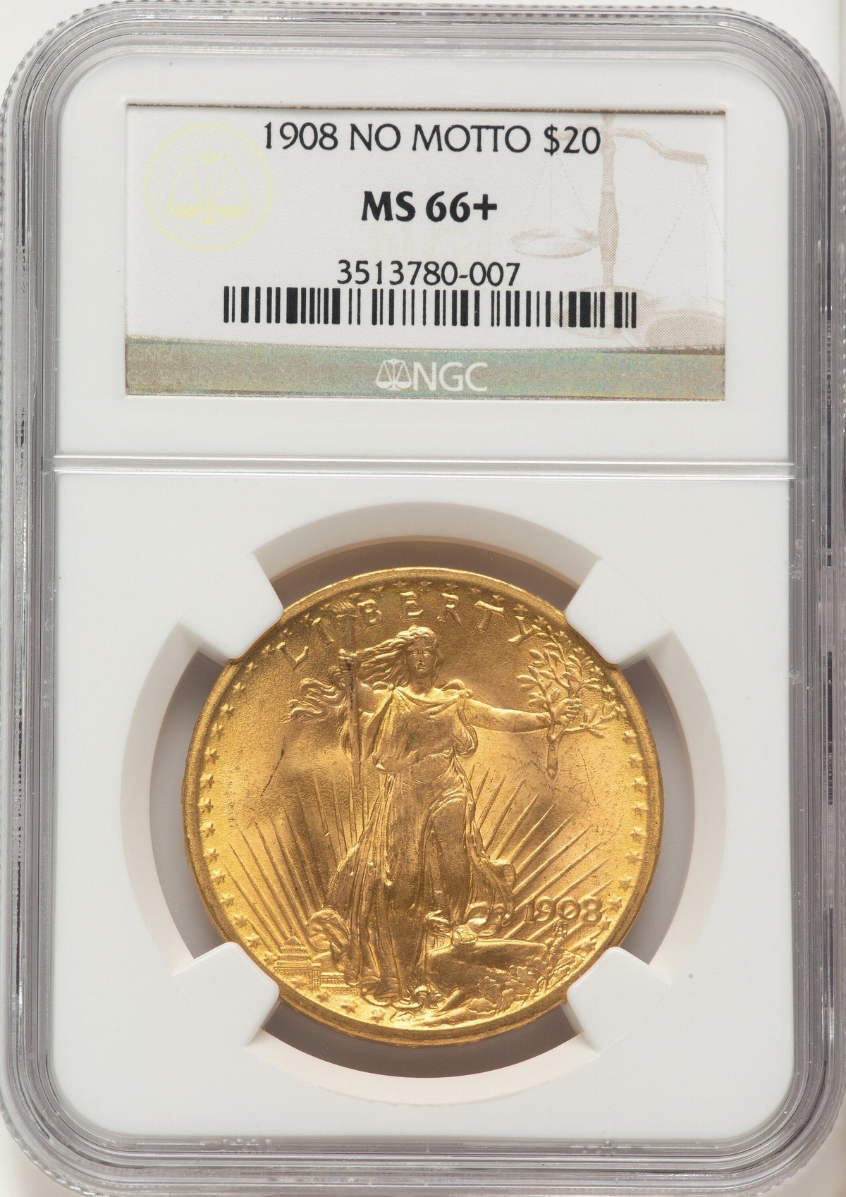 1908 $20 NO MOTTO Saint-Gaudens Double Eagle NGC MS66+