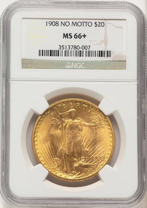 1908 $20 NO MOTTO Saint-Gaudens Double Eagle NGC MS66+