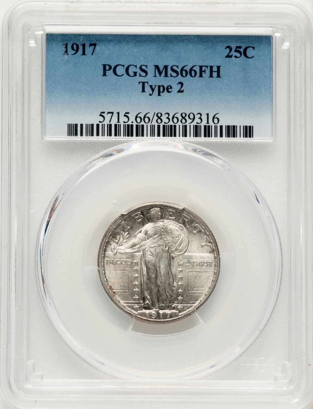 1917 25C Type Two FH Standing Liberty Quarter PCGS MS66