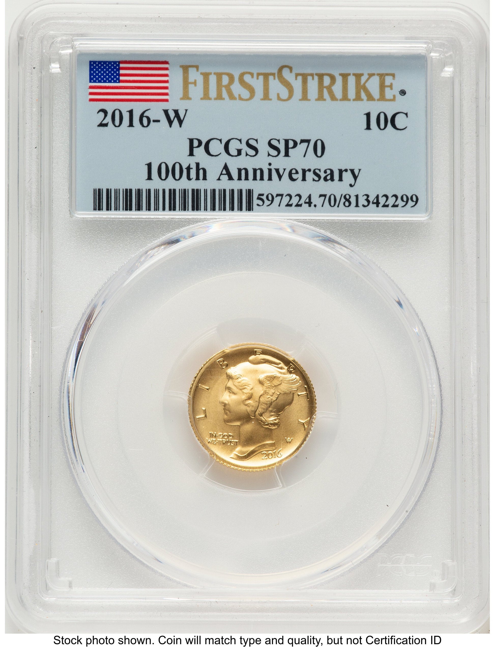 2016-W 10C Mercury Dime 100th Anniversary Gold Centennial FS Flag PCGS MS70