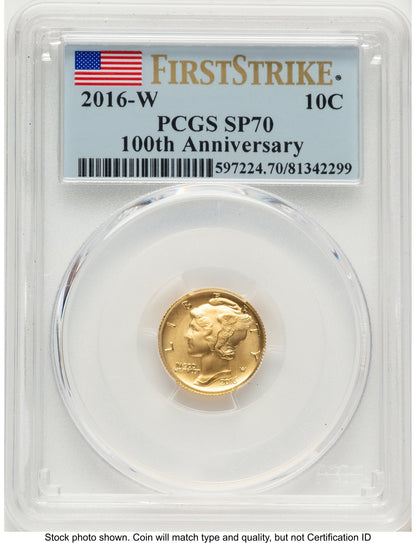 2016-W 10C Mercury Dime 100th Anniversary Gold Centennial FS Flag PCGS MS70