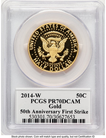 2014-W 50C Gold JFK 50th Anniversary FS JFK Flag Proof Kennedy Half Dollar PCGS PR70