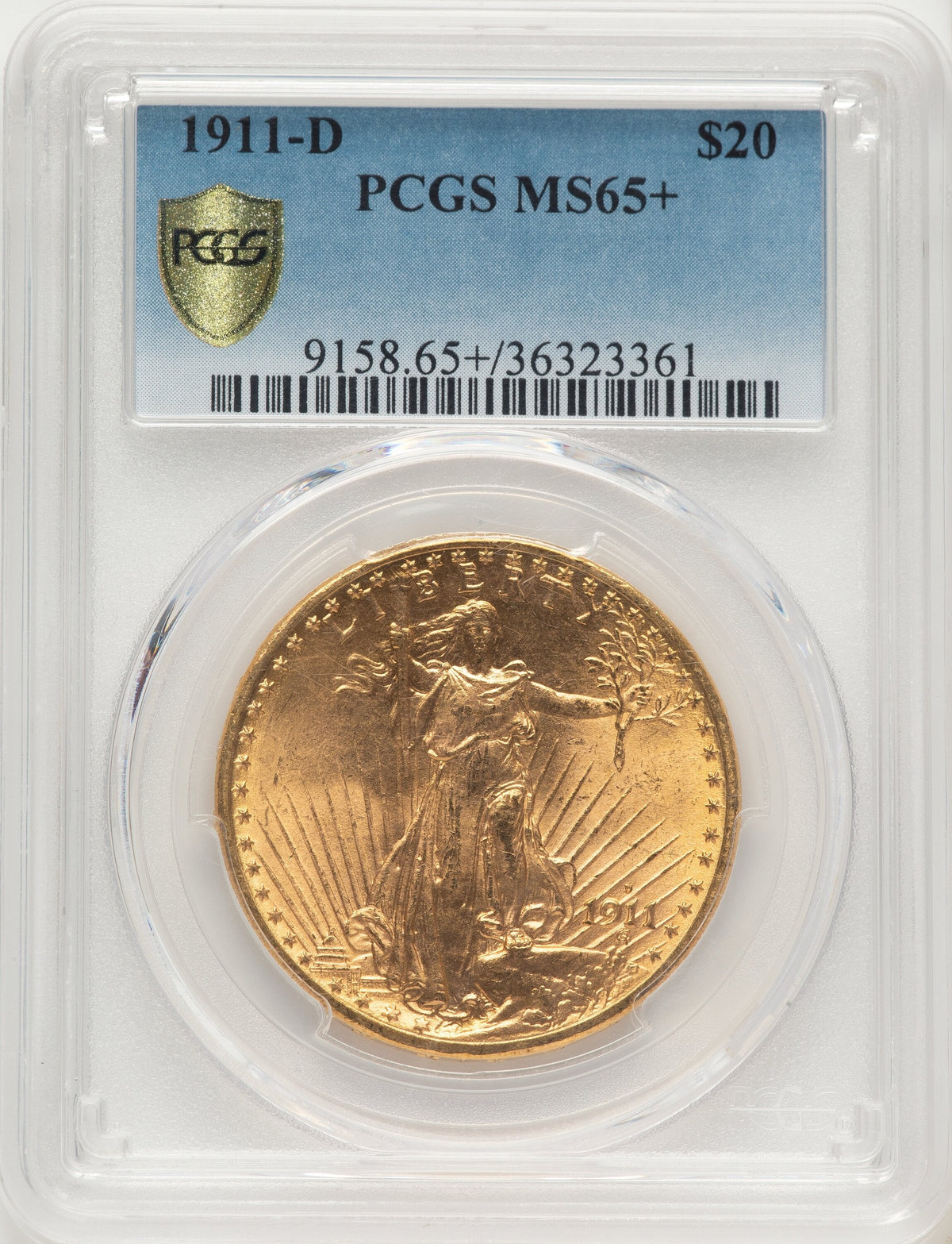 1911-D $20 Saint-Gaudens Double Eagle PCGS MS65+