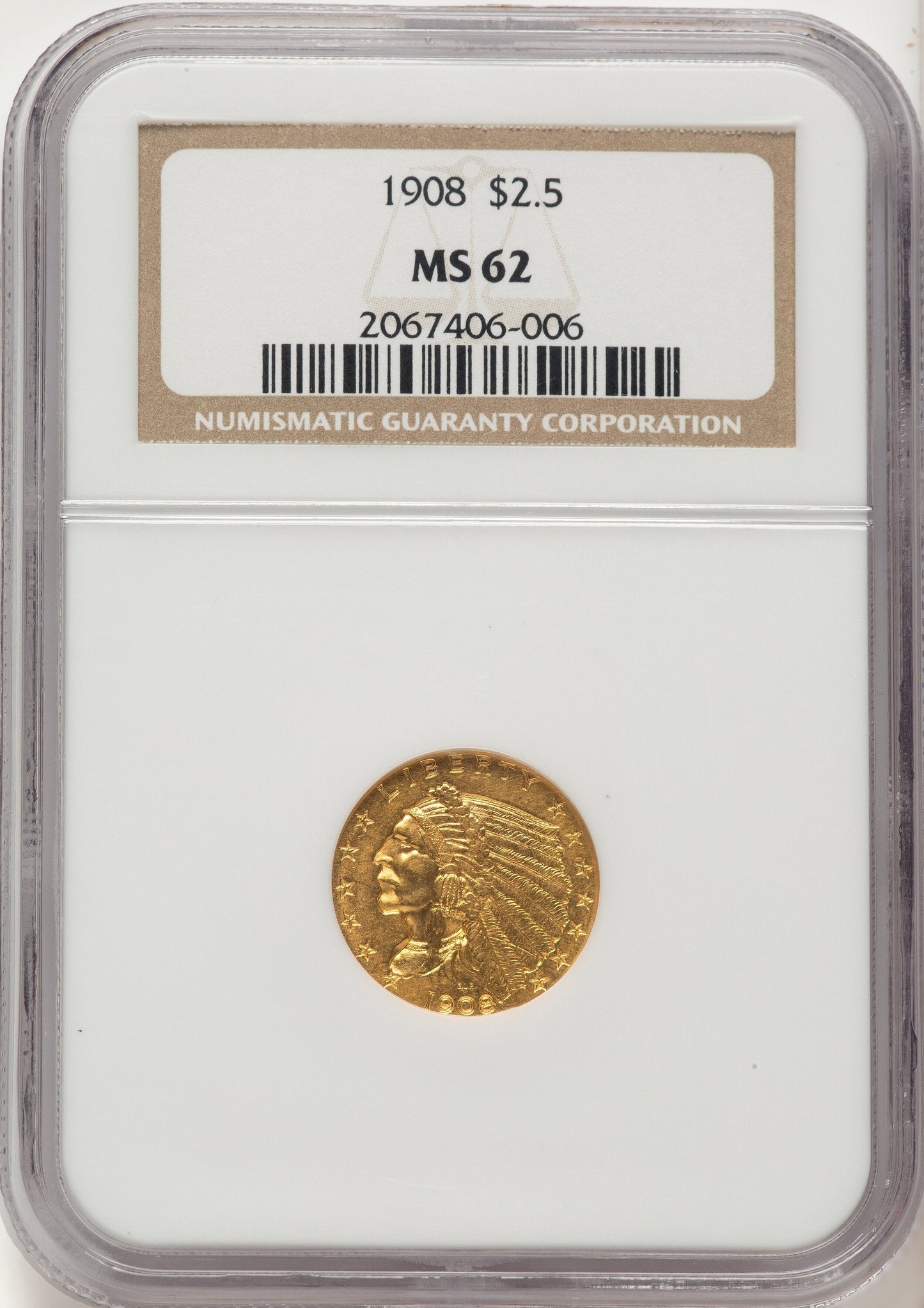 1908 $2.50 Indian Quarter Eagle NGC MS62