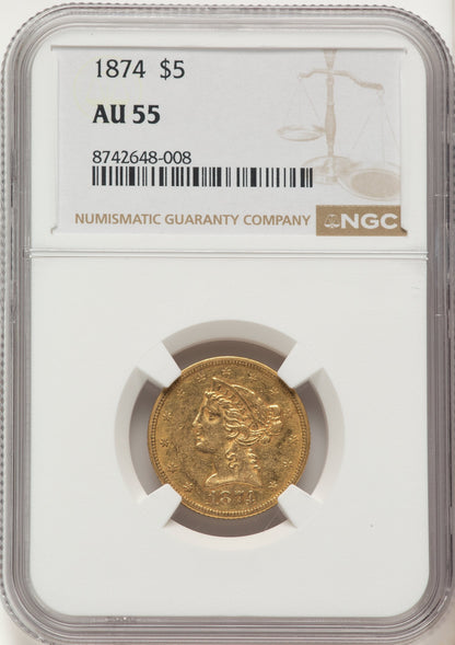 1874 $5 Liberty Half Eagle NGC AU55