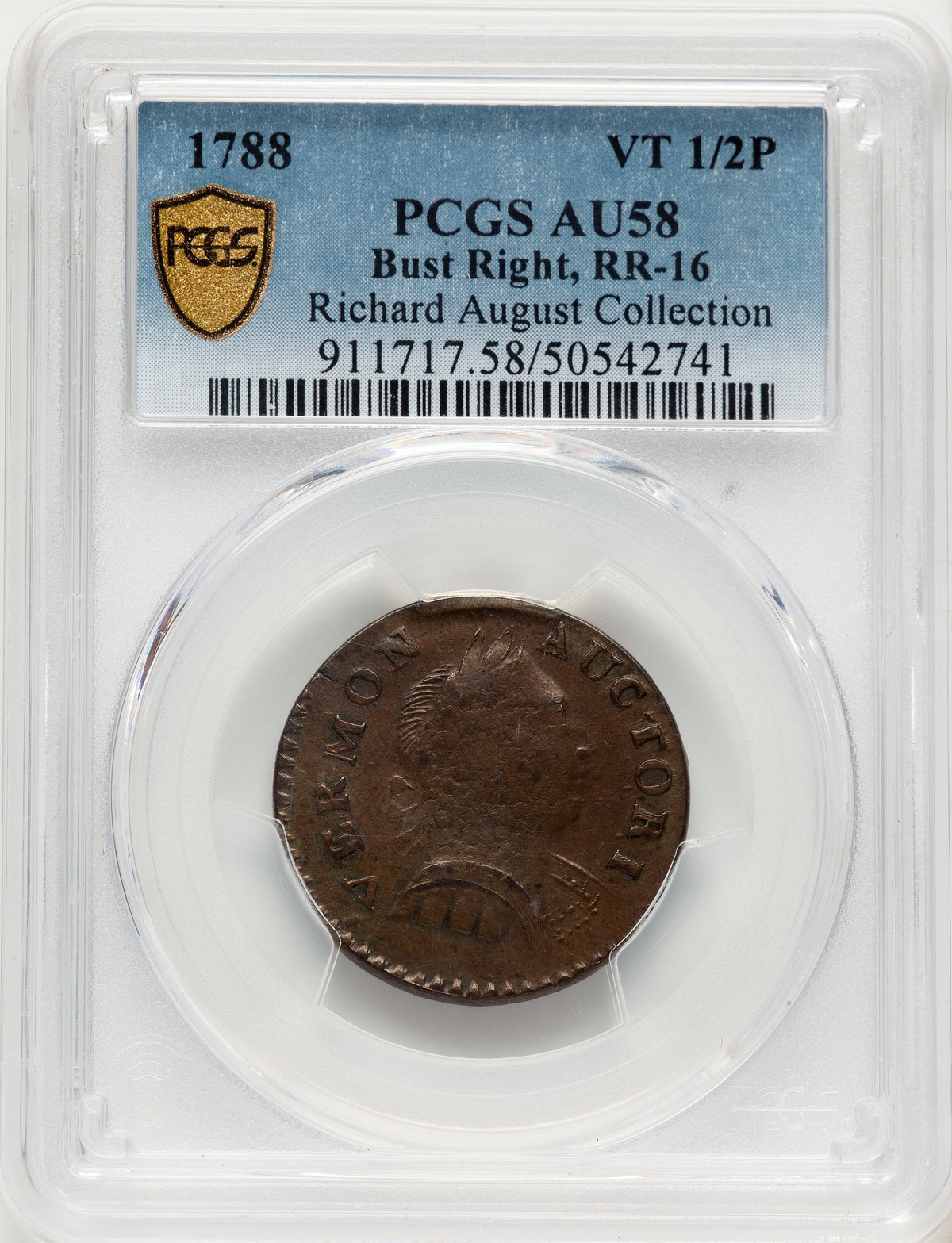 1788 Vermont Copper RR-16 BN Colonials PCGS AU58