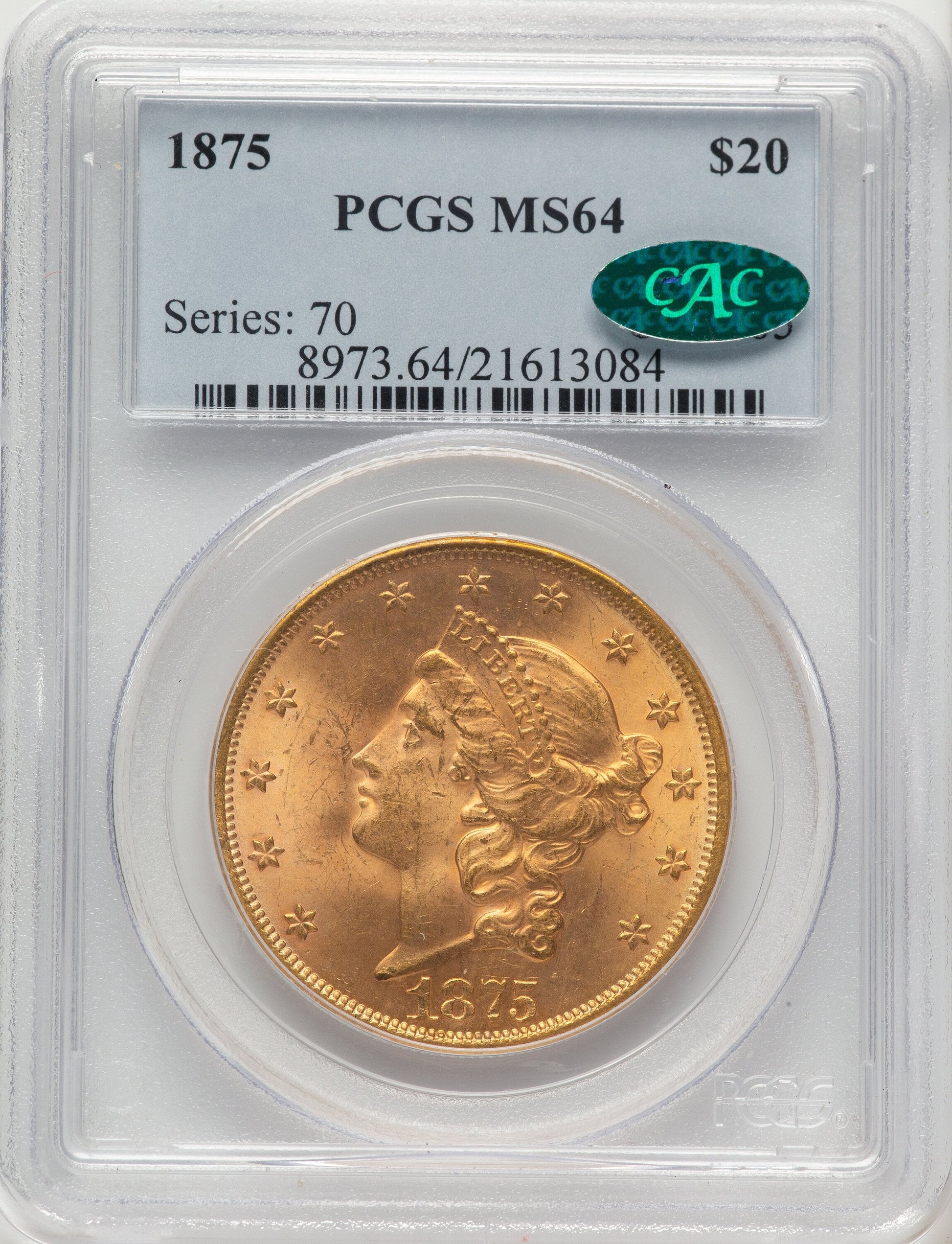 1875 $20 CAC Liberty Double Eagle PCGS MS64