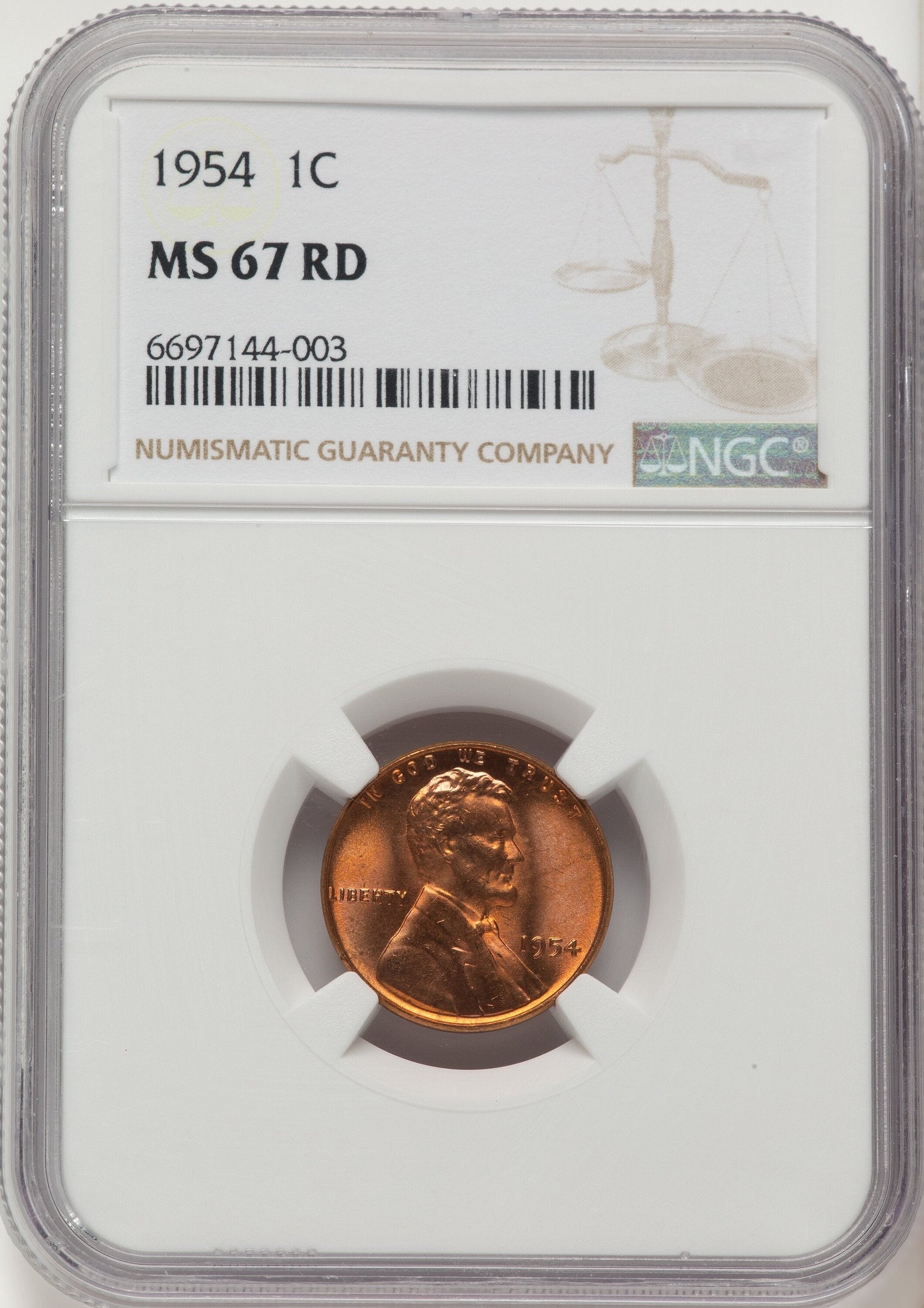 1954 1C RD Lincoln Cent NGC MS67