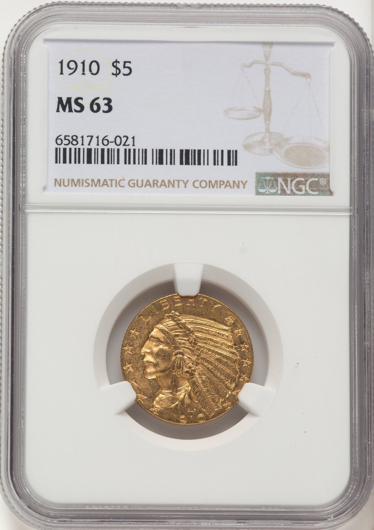 1910 $5 Indian Half Eagle NGC MS63