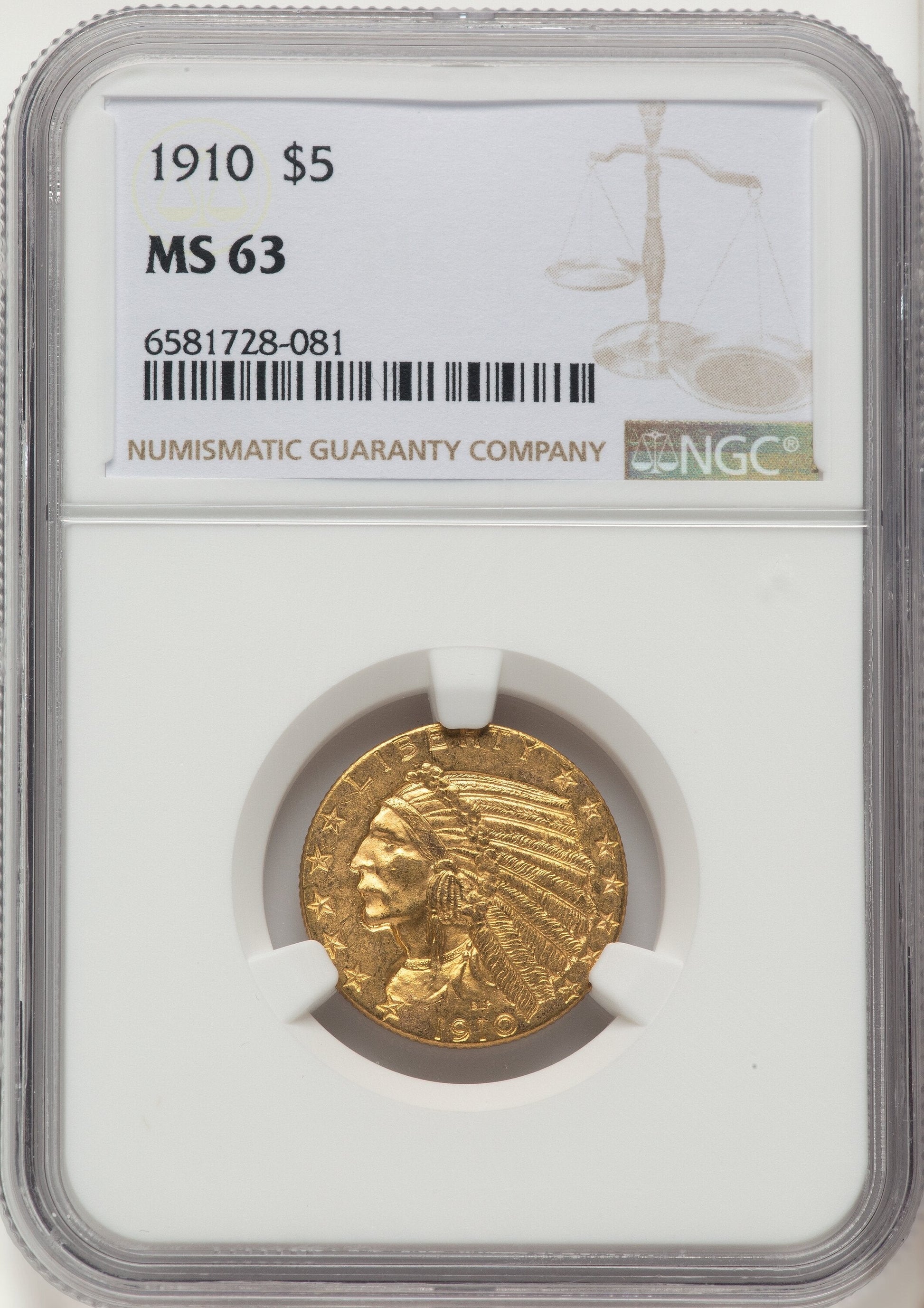 1910 $5 Indian Half Eagle NGC MS63