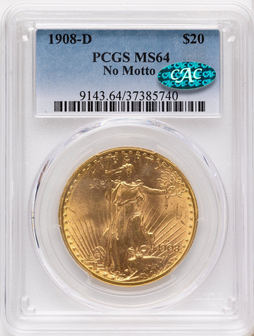 1908-D $20 NO MOTTO CAC Saint-Gaudens Double Eagle PCGS MS64