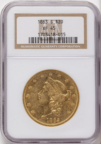 1863-S $20 Liberty Double Eagle NGC XF45