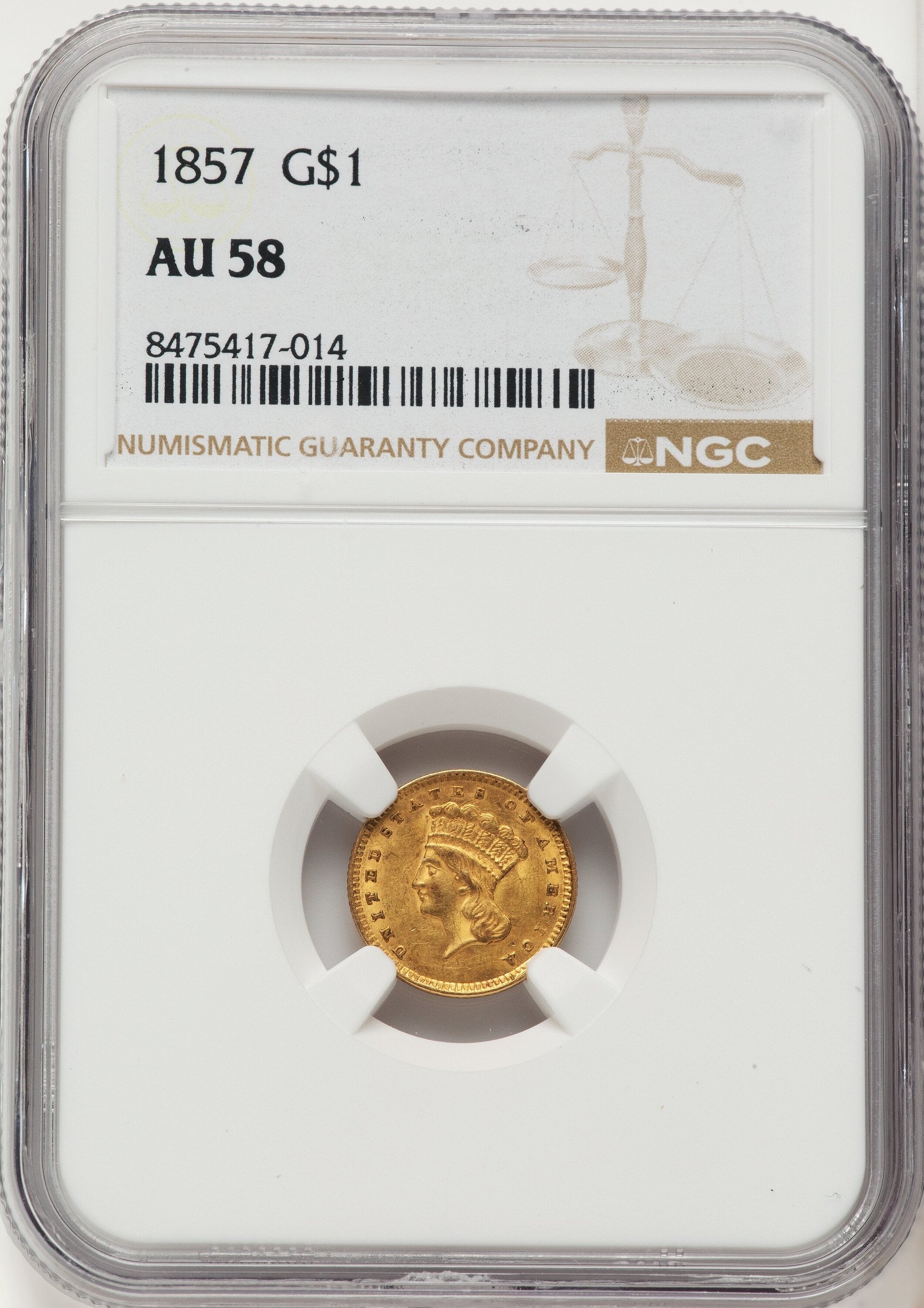 1857 G$1 Gold Dollar NGC AU58