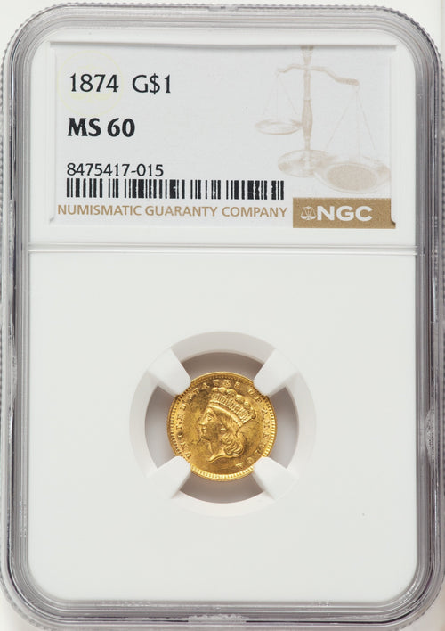 1874 G$1 Gold Dollar NGC MS60